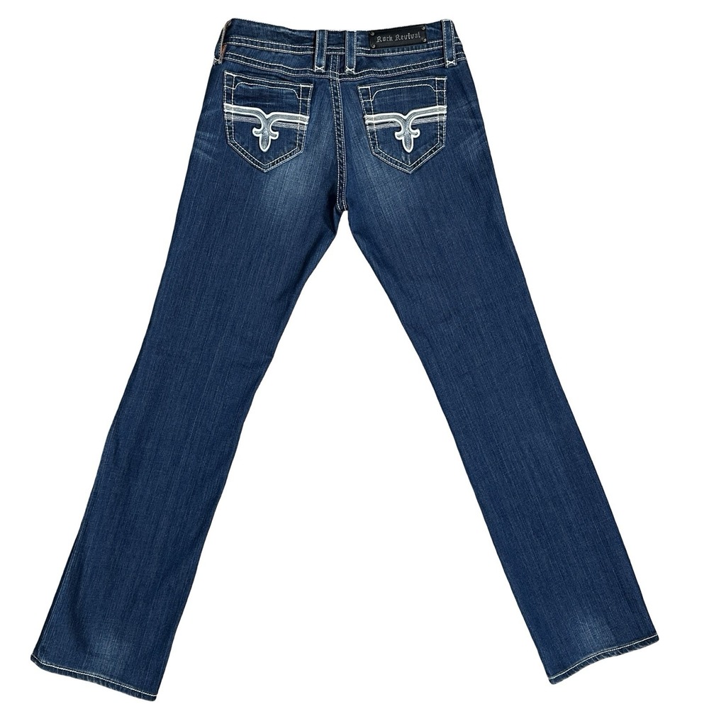 Rock Revival Cindy Straight Low Rise Jeans Women 32 Fleur-de-Lis Y2K 34" Inseam
